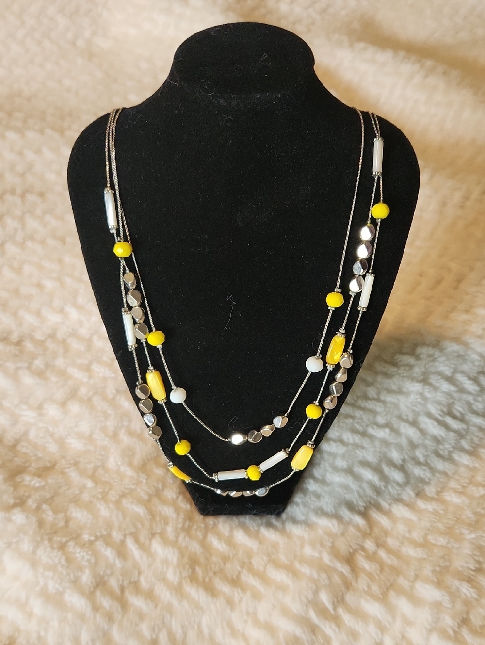 Multi-Strand Yellow & White Bead Silver Necklace Boho Vibe